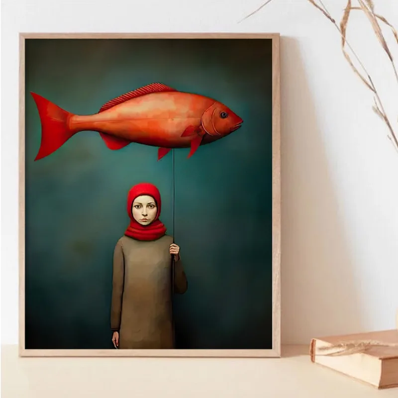1pc Frameless Fashion Fish Canvas Art Print Poster Vintage Inspired Wall Decor with Red Fish & Woman in Red Headscarf Wall Art