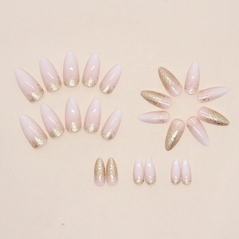 24-piece Long French Minimalist Flash Gold Nails with 1 Jelly Gel and 1 Nail File