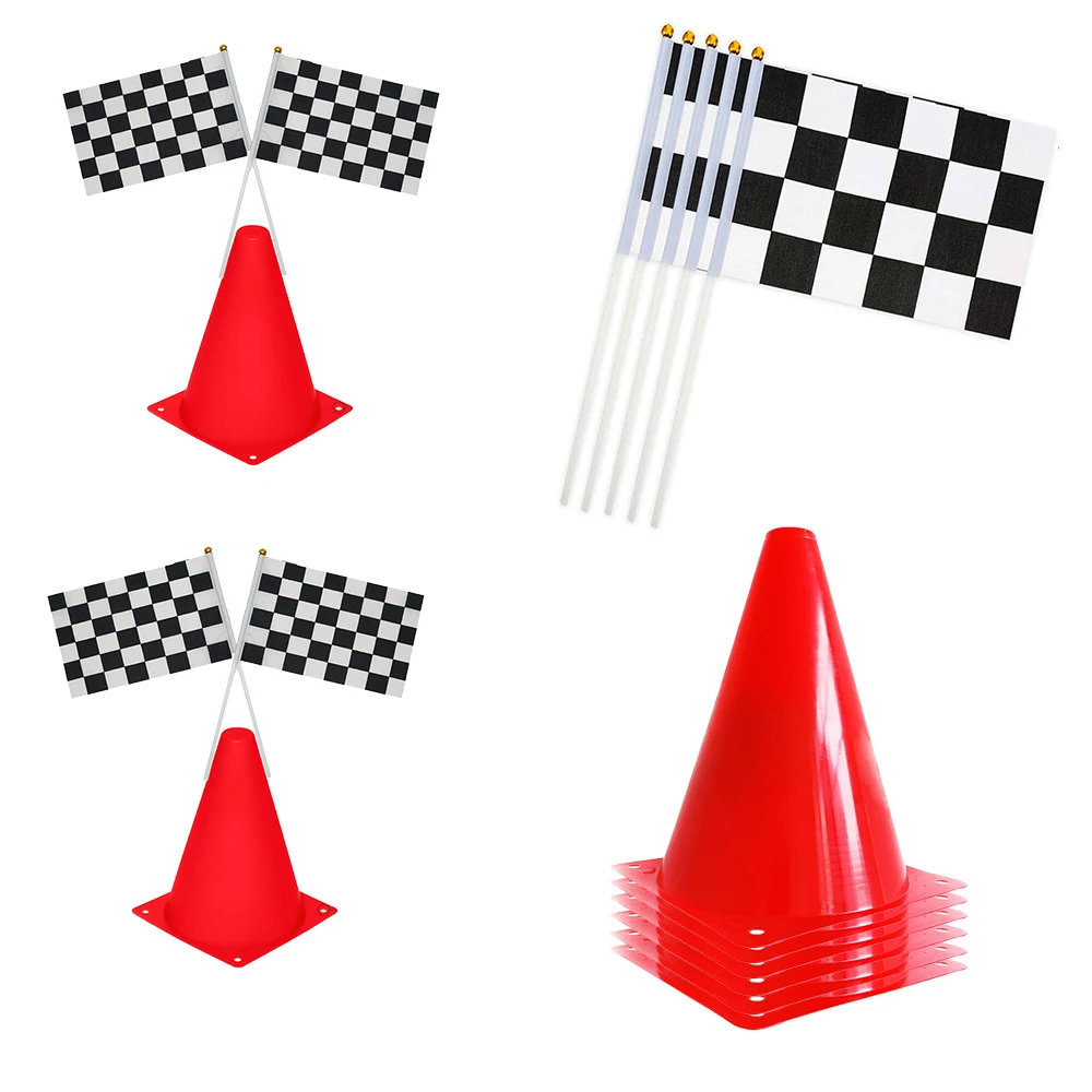 18pcs Traffic Cones Racing Checkered Flags set Black White Racing Flags Safety Cones Kids Race Car Birthday Party decor Supplies