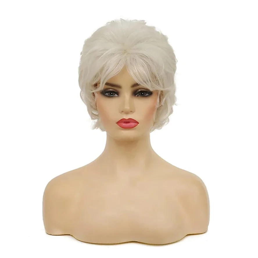 Short Curly White Costume Wigs for Women Layered Natural Fluffy Heat Resistant Synthetic Hair Wig