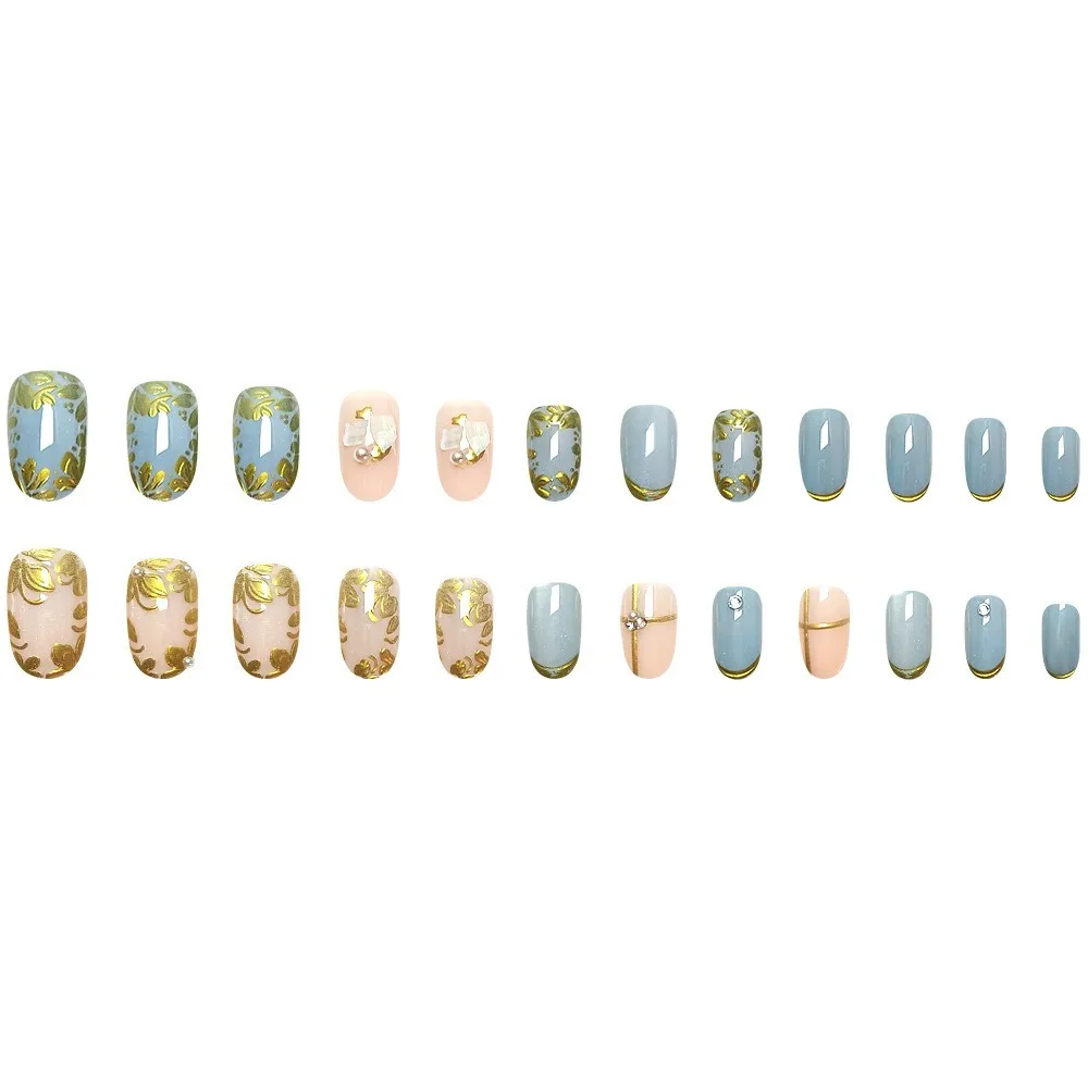 3D feuille d'or pétale presse sur ongles bleu rose oeil de chat strass faux ongles 24 pièces couverture complète colle sur ongles artificiels