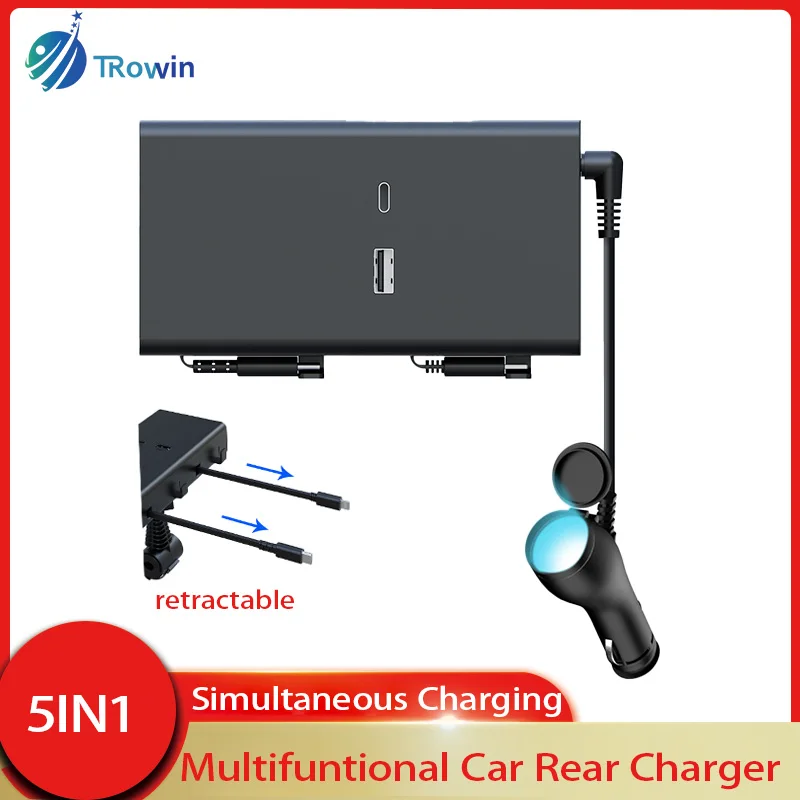 

Universal 65W PD Dual Cable Retractable Fast Charging Car Type C USB Charger Multifunction Mobile Phone Car Rear Chargers