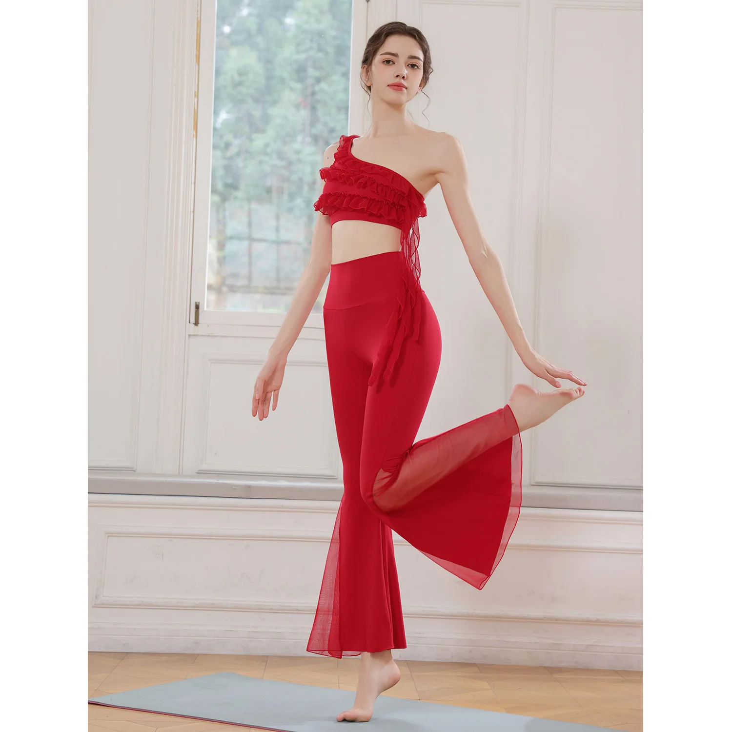 

Sports Vest Set, Women's Slanted Single Wood Ear Shock-absorbing Fitness Bra, Underwear, Trumpet Dance Exercise Suit, Pants
