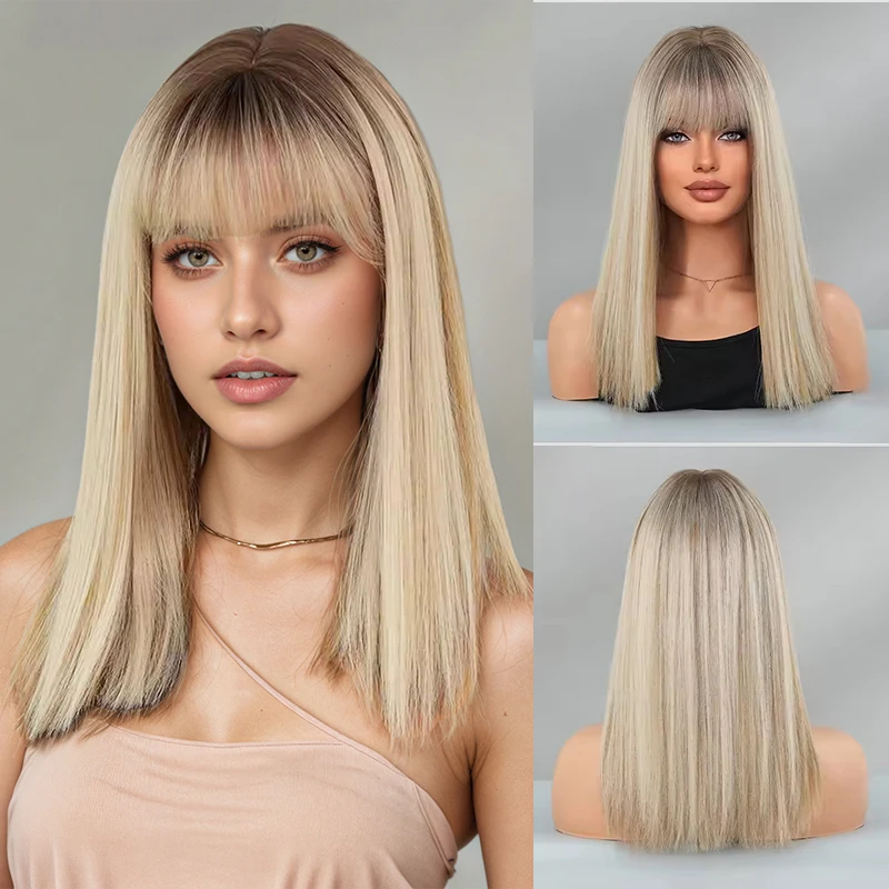 

Short Straight Ombre Blonde Wigs with Bangs for Women Natural Looking Platinum Ash Blonde Synthetic Wig Daily Wear