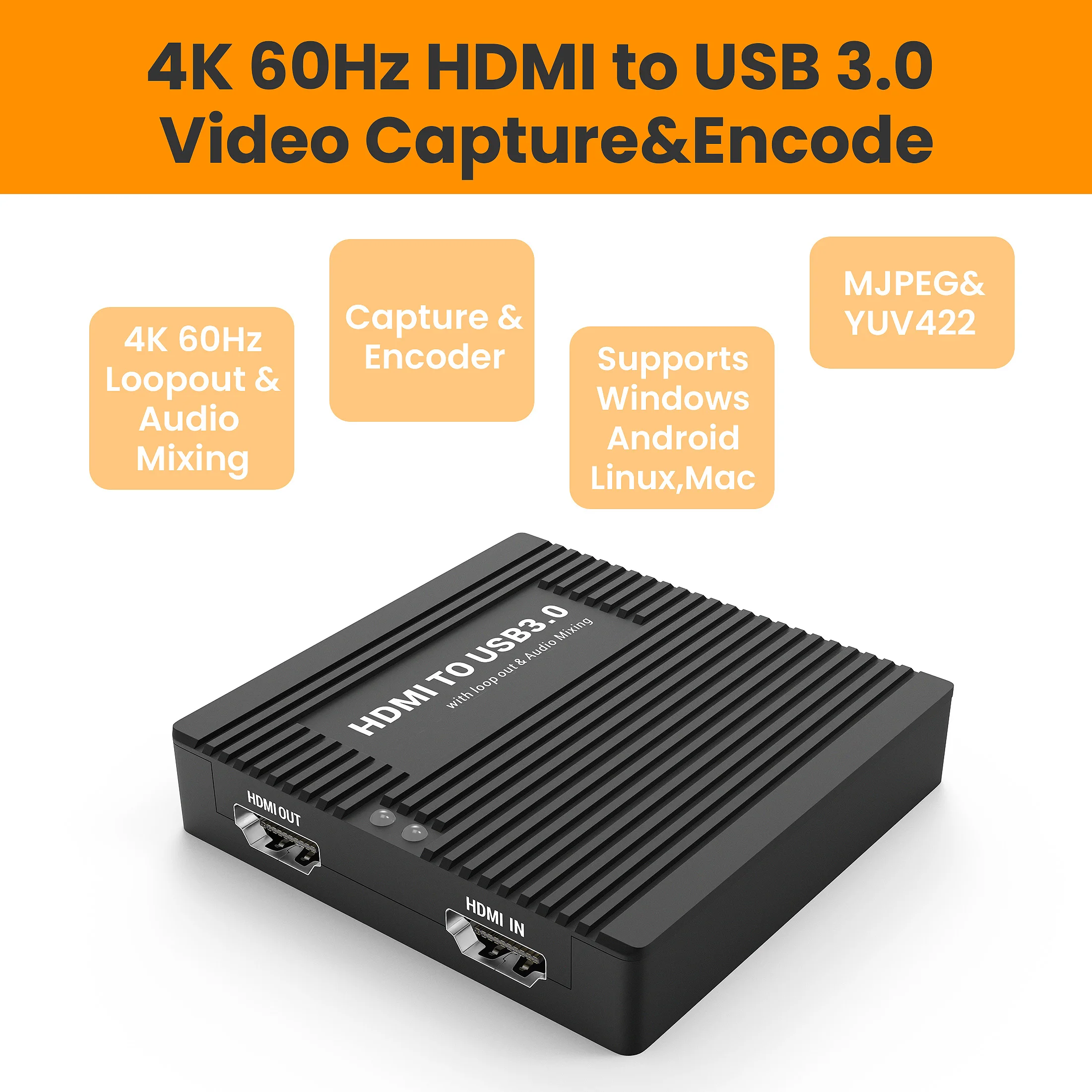 LCC380 4K 60Hz HDMI to UAC UVC USB3.0 Capture Loop Out&Audio Mixing,HDMI Pass-through,1080P60 Recording,YUV422&MJPEG,Mic+Speaker