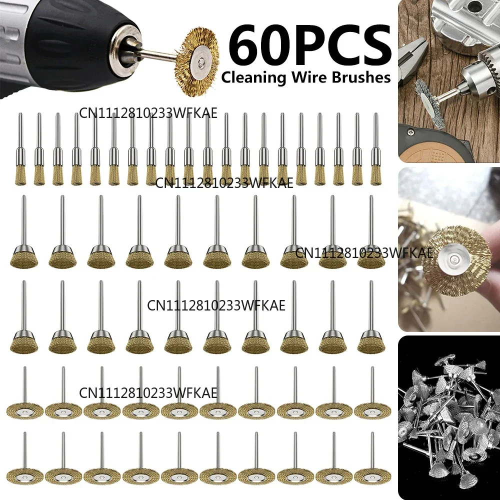 60 Pcs Dremel Accessories Wheel Brass Brush Rust Removal Stainle Wire Steel Tool For Working Polishing Rotary Voiture Mini Drill