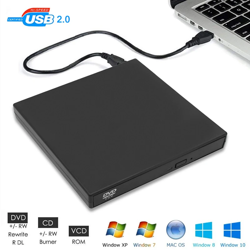 USB 2,0 delgado externo DVD RW CD VCD escritor unidad grabadora reproductor unidades ópticas para ordenadores portátiles PC Windows 11 10 Linux OS Mac