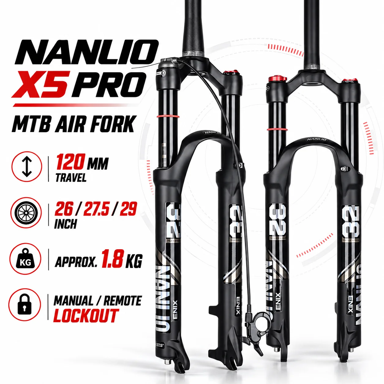 NANLIO X5 PRO MTB Air Suspension Fork 26 27.5 29 Inch 120mm Travel 1.8kg Lightweight XC Mountain Bike Fork Manual Remote Lockout