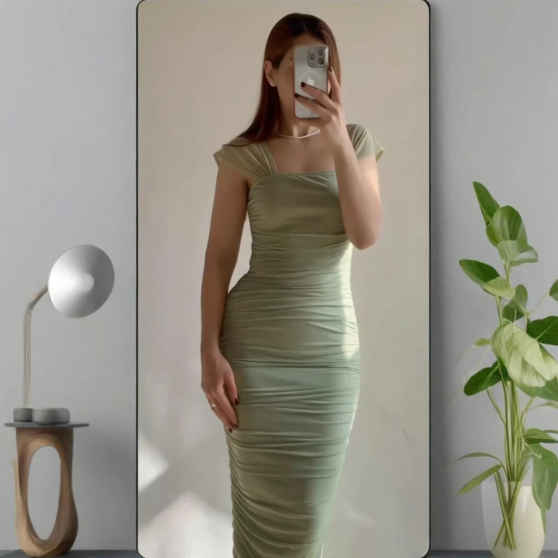 

New Summer Solid Color Square Neck Sleeveless Women's Slim Fit Waist Cinching Sexy Pleated Tight Dress Temperament Commuting