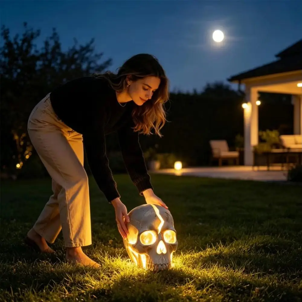 Waterproof Solar Garden Lamp Realistic Skull Shape Fine Texture Details Outdoor Yard Decor Sturdy Structure Solid Resin