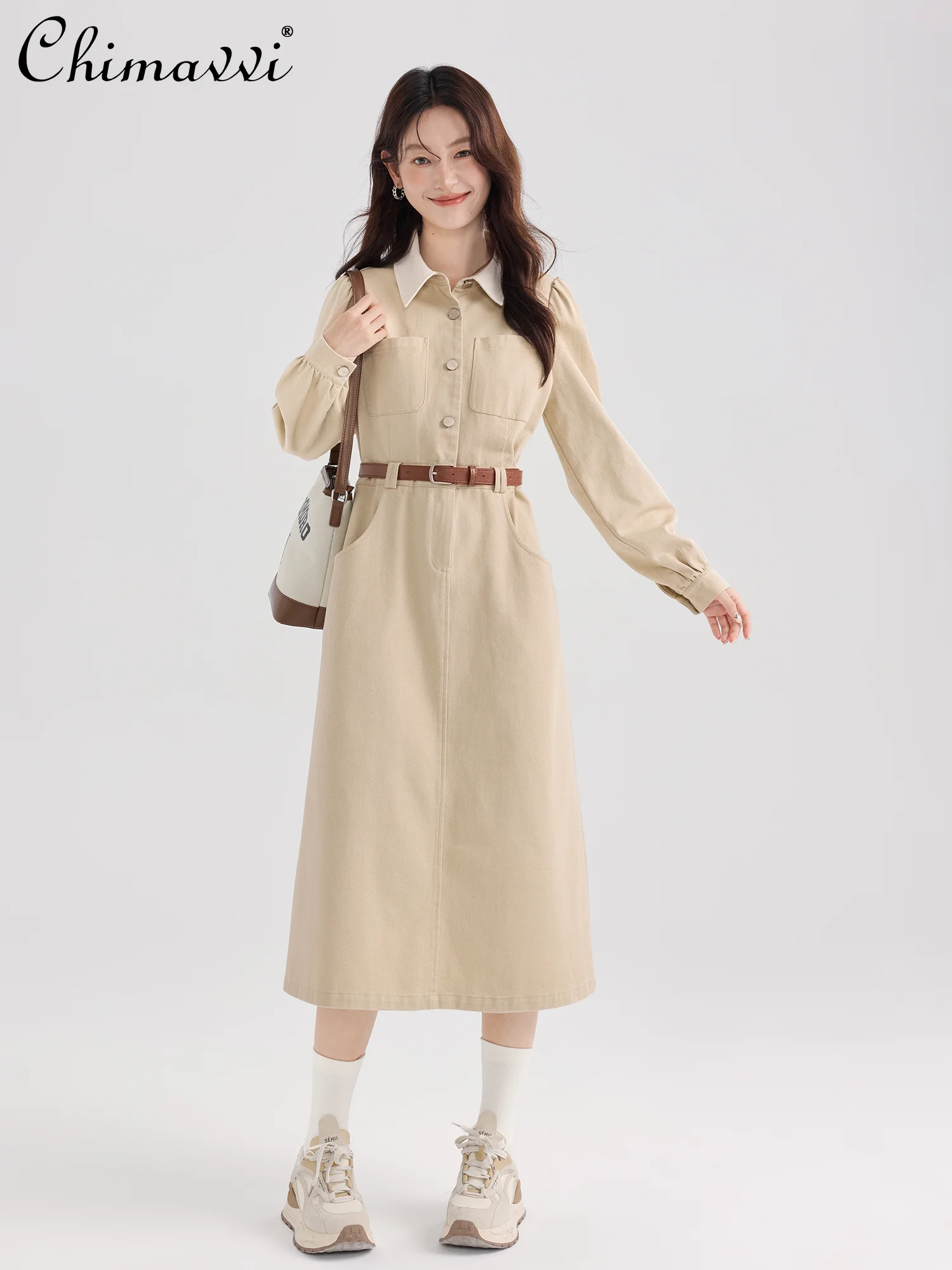 French Elegant Vintage Oversize Dress Polo Neck Long Sleeve Single-breasted High Waist A-line Khaki Denim Dress For Women Autumn