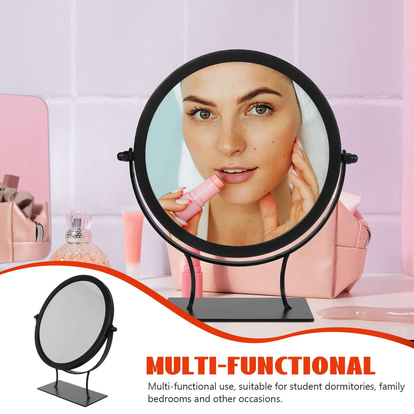 Espelho de maquiagem de mesa, estrutura de ferro, superfície transparente rotativa, base estável para penteadeira, quarto, vaidade, pequeno, ajustável