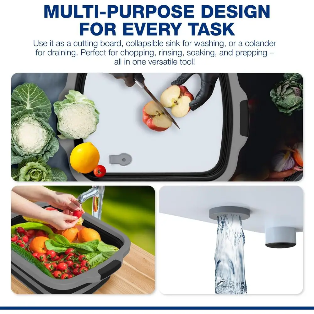 2-Pack XL Collapsible BBQ Prep Tub with Built-In Cutting Board, Lid & Strainer – Large Food-Safe Container – Perfect for Grillin