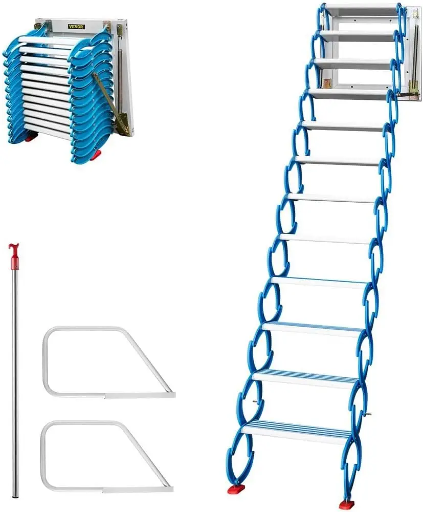 

Blue Pulldown Attic Stairs, Wall-mounted Folding Stairs for Attic, Retractable Attic Ladder with Armrests, 9.8 feet Height