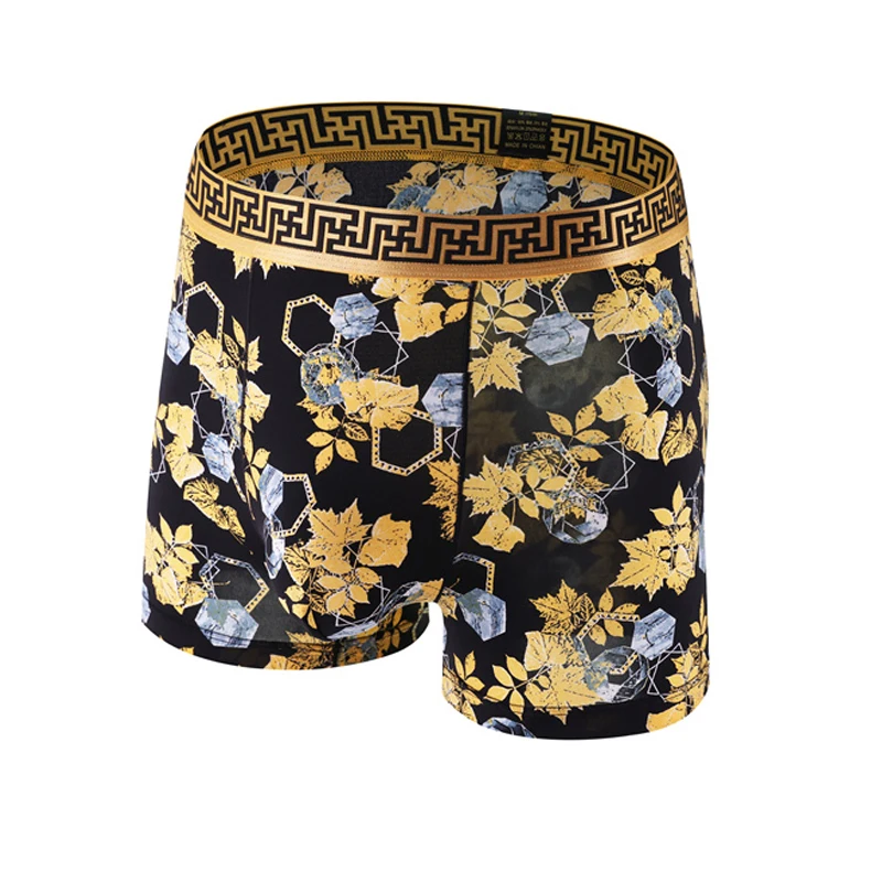 Boxers para hombre, ropa interior de talla grande, Boxer de nailon, tendencia fina Sexy, estampado de hojas juveniles, calzoncillos tipo bóxer para hombre, ropa de casa