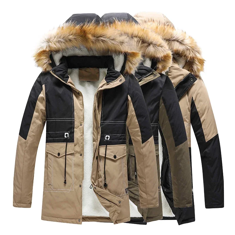 wholesale outdoor Men's winter coat cotton-padded jacket medium length thick lambkin workwear big wool collar