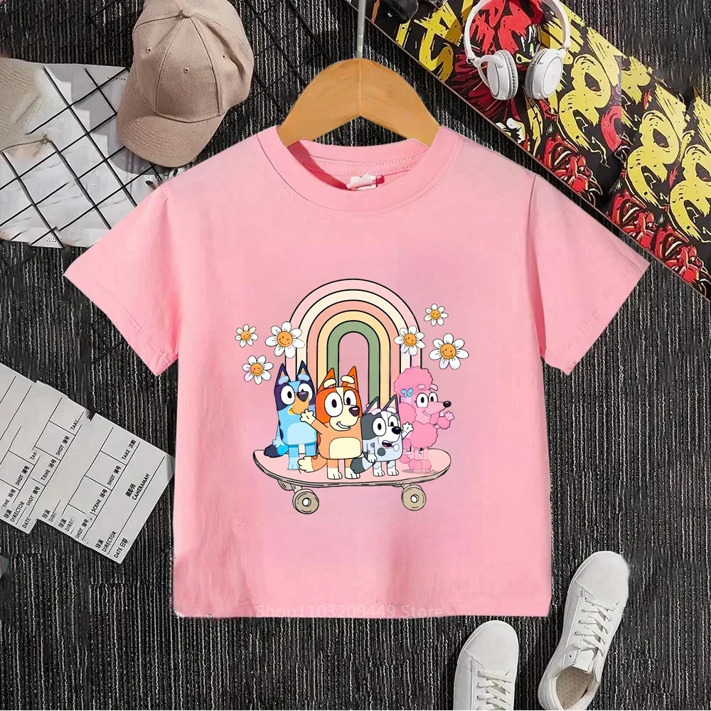 Bluey Cartoon Summer Tops for Juniors Ultra-Trendy Hip-Hop Designs Classic O-neck Cut, Affordable Stylish for Boys and Girls