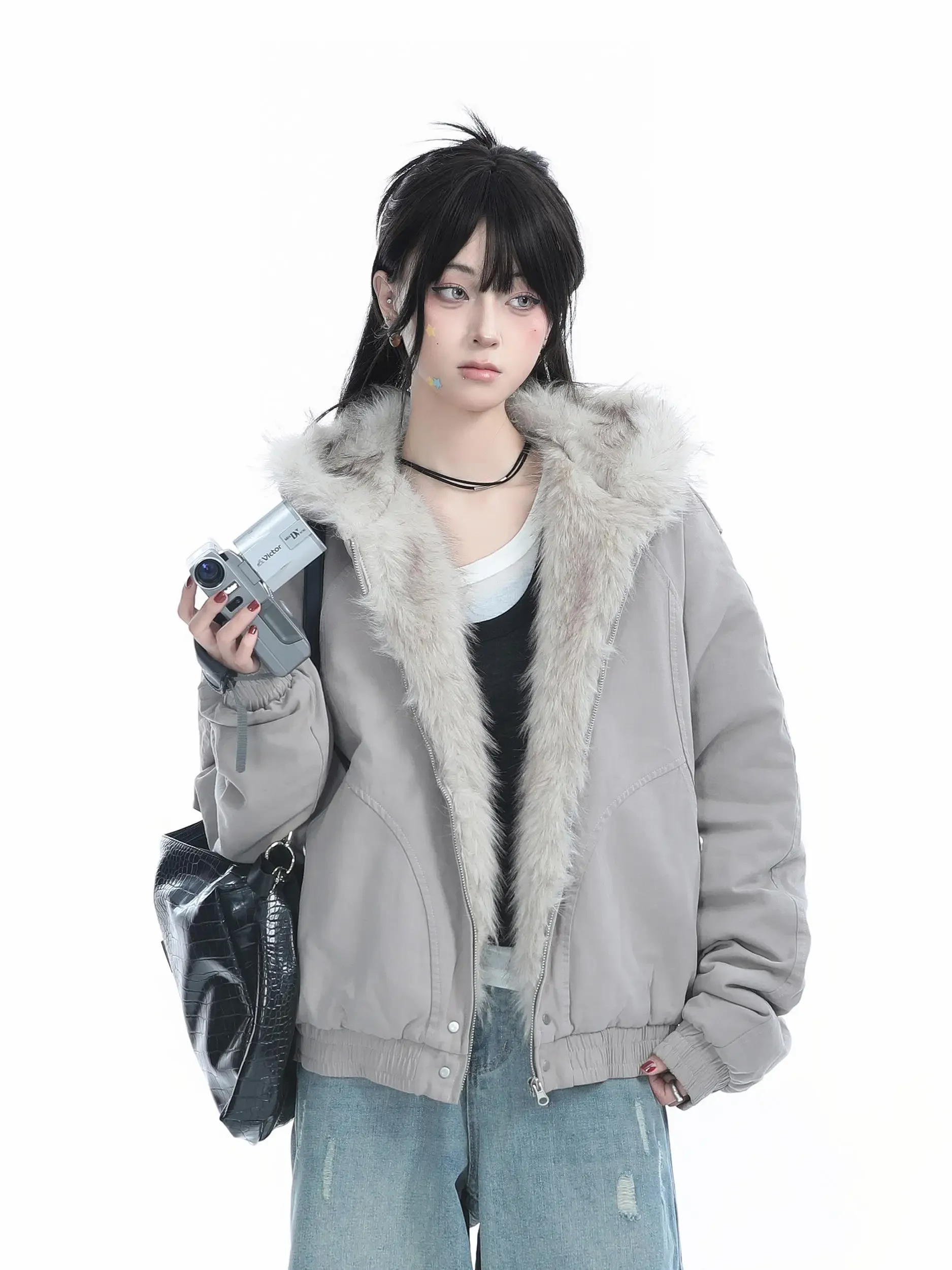 American Retro Fur Collar Hooded Cotton Jacket for Women Winter High-end Thickened Plush Spliced Warm Top