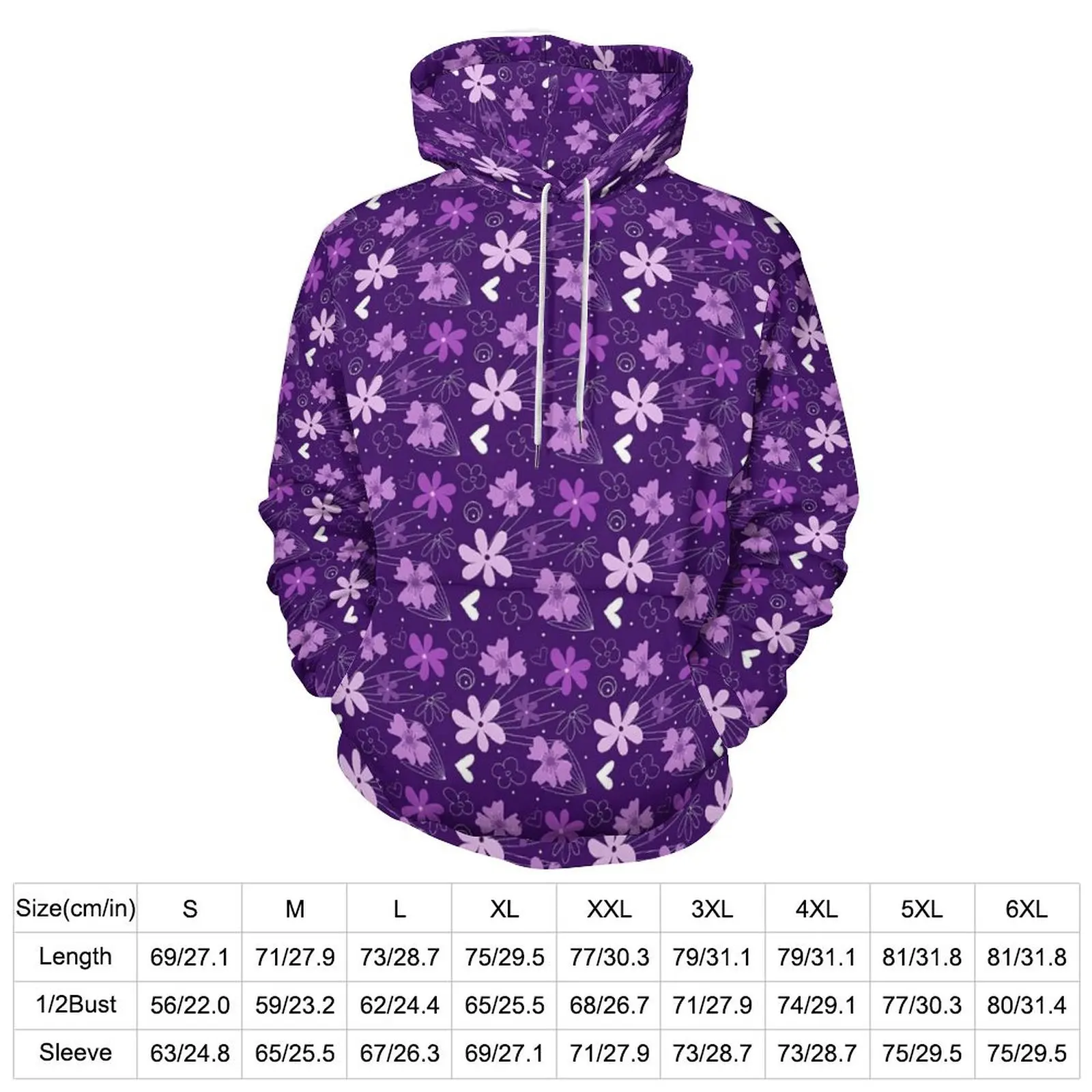 Purple Floral Print Hoodies Long-Sleeve Daisy Flower Casual Pullover Hoodie Winter Hip Hop Oversized Graphic Loose Sweatshirts