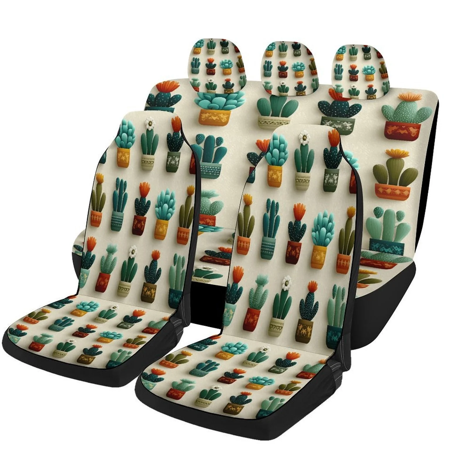 Cactus Collection Designed Car Seat Covers Set For Most Cars, Trendy Breathable Decorative Car Seat Protector Covers Full Set,