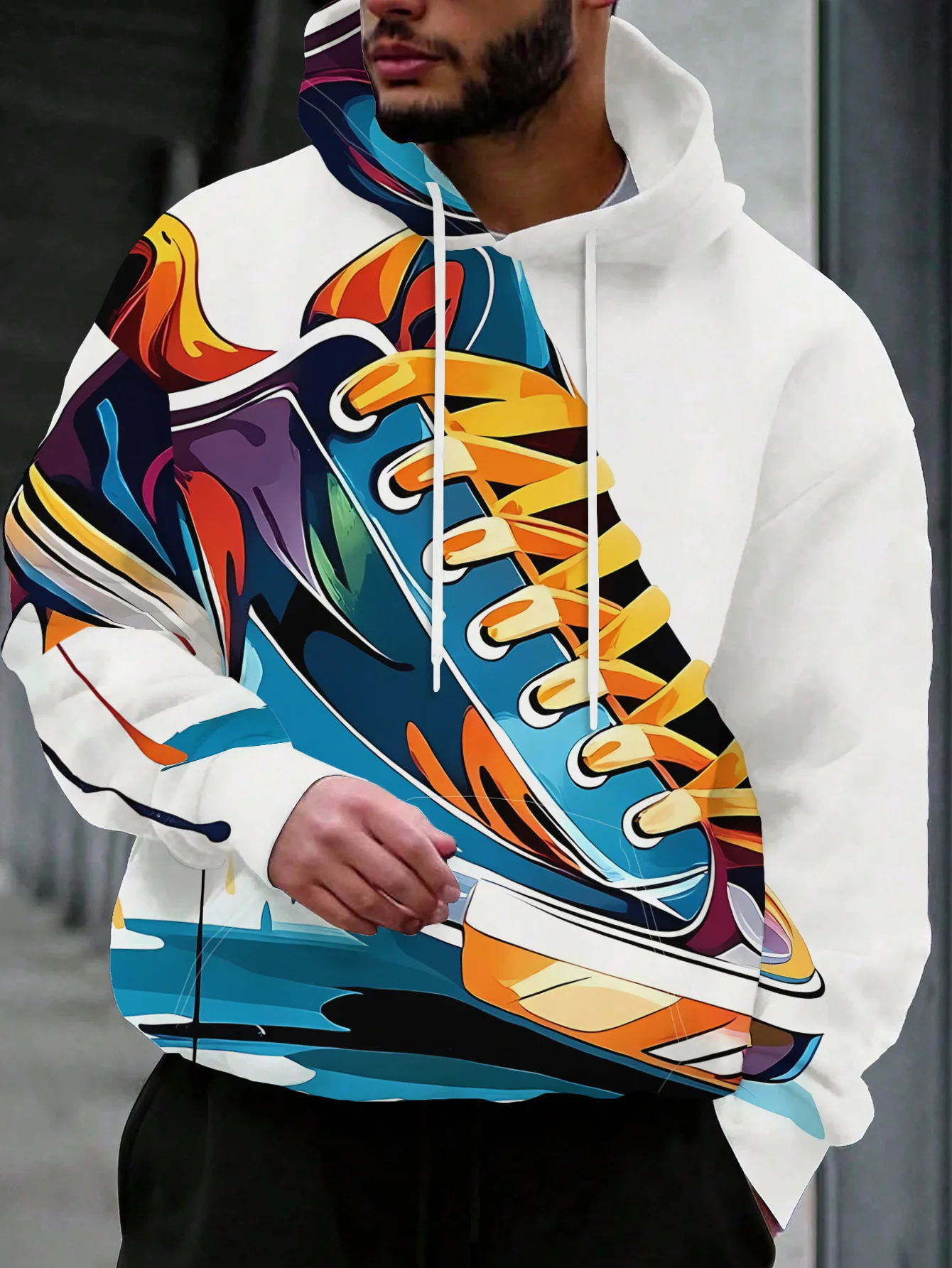 Men White Hoodie Colorful Graffiti Sneaker Large Print 3D All Over Print Hoodie Streetwear Footwear Graphic Casual Sweatshirt