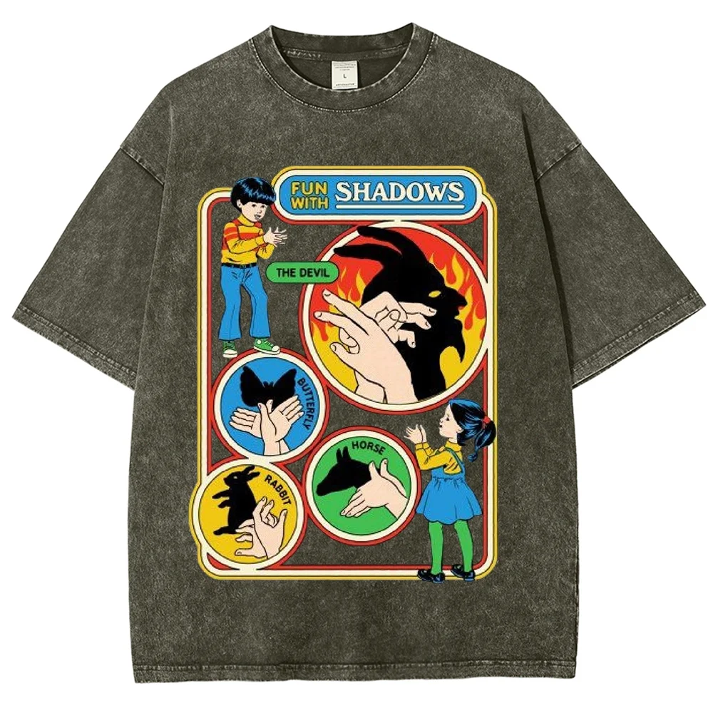 Women Vintage Wash Oversized T Shirt Fun With Shadows Retro Hand Shadow Cartoon Graphic Tee Casual Round Neck Loose Unisex Tops