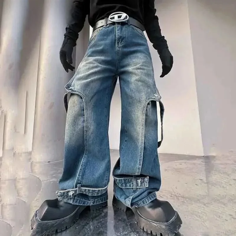 

Мужские джинсы IEFB Ribbon с металлическим декором, пэчворк, нелиняющие, Cleanfit, из полиэстеровой ткани, с застежкой на шнурок