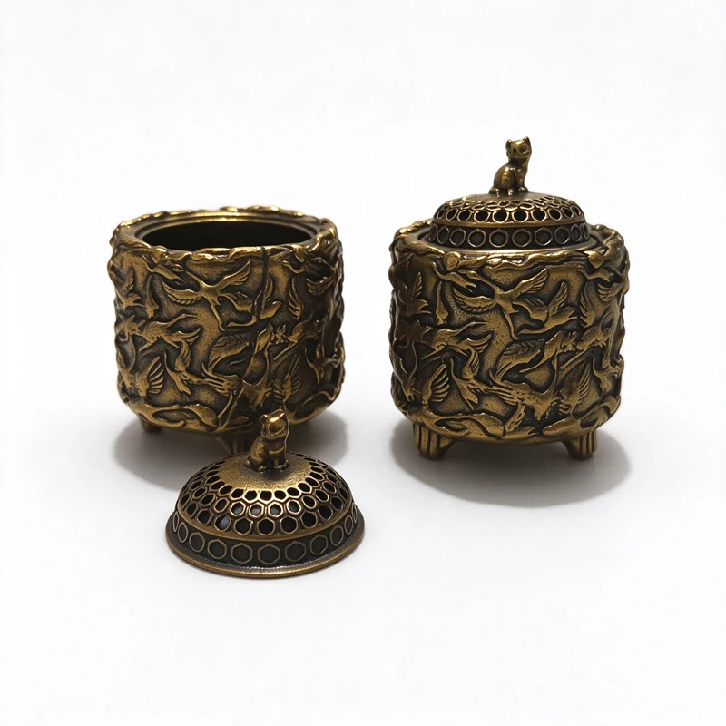 retro solid Brass Crane Cat Lid Incense Burner Home Decoration Desk Ornament Accessories Sandalwood Censer Figurine
