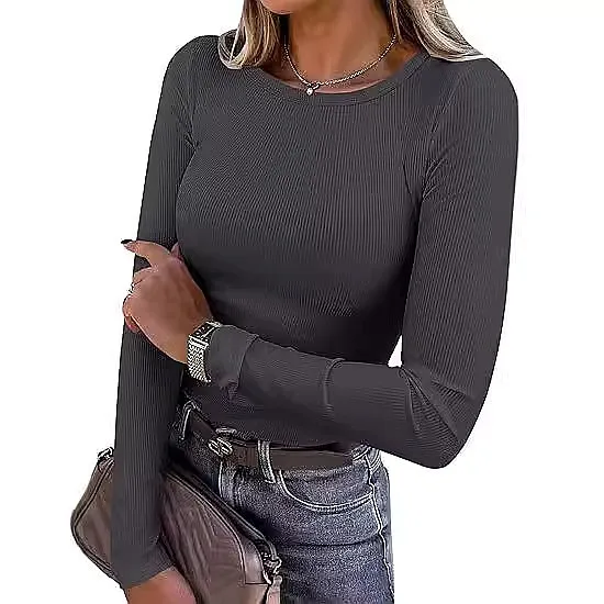 Women Long Sleeve Ribbed T Shirts Crew Neck Stretchy Basic Tops Tee Blouse Spring Summer