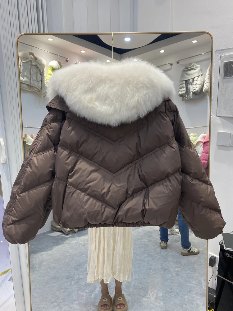 Chaqueta de plumón de pato blanco para mujer, Parka holgada con cuello de piel de zorro Real grande, abrigo acolchado corto y cálido, novedad de