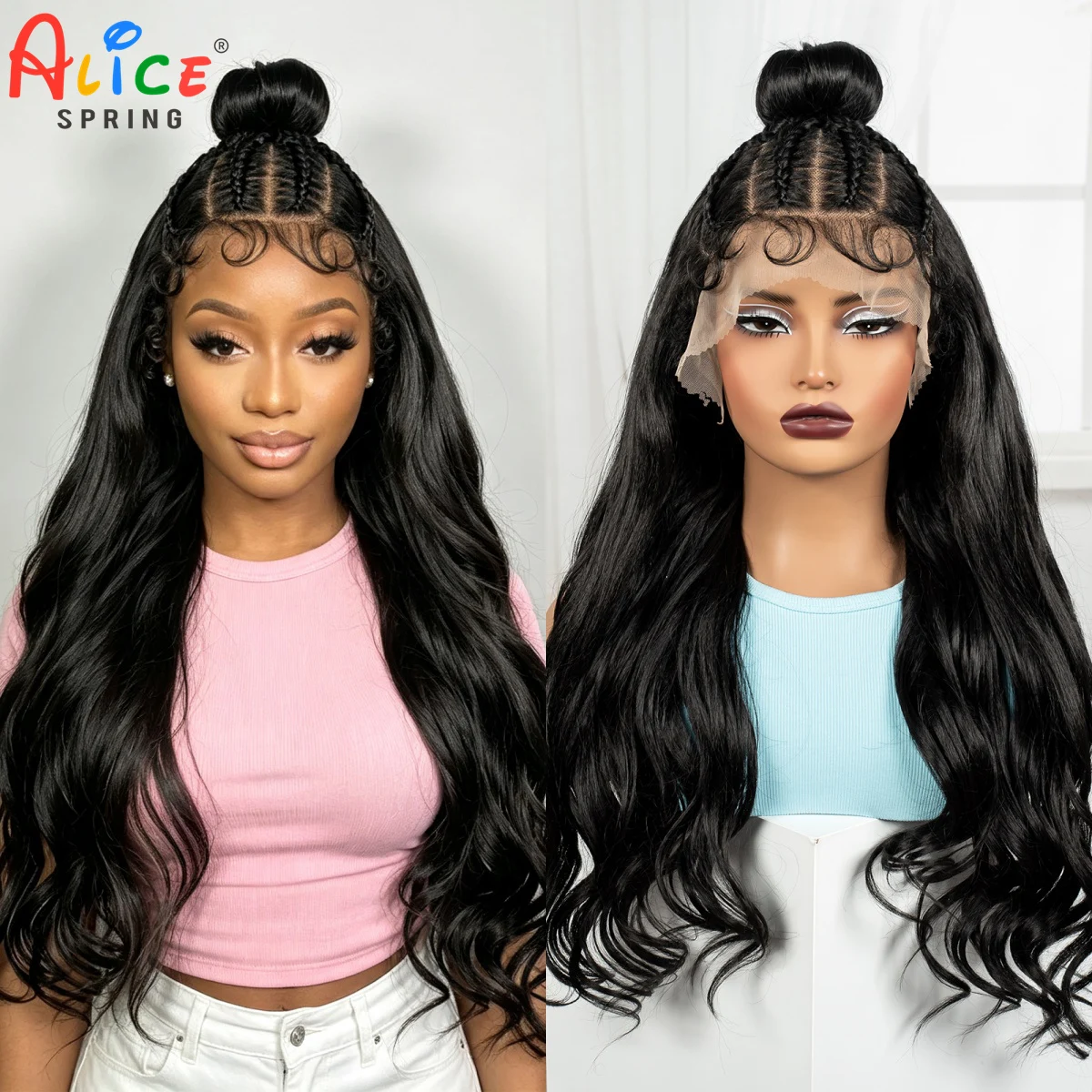 13x6 Lace Frontal Wavy Hair Wigs with Cornrow Braids 26inch Synthetic Loose Wave Brazilian Remy Hair Wig for Black Women