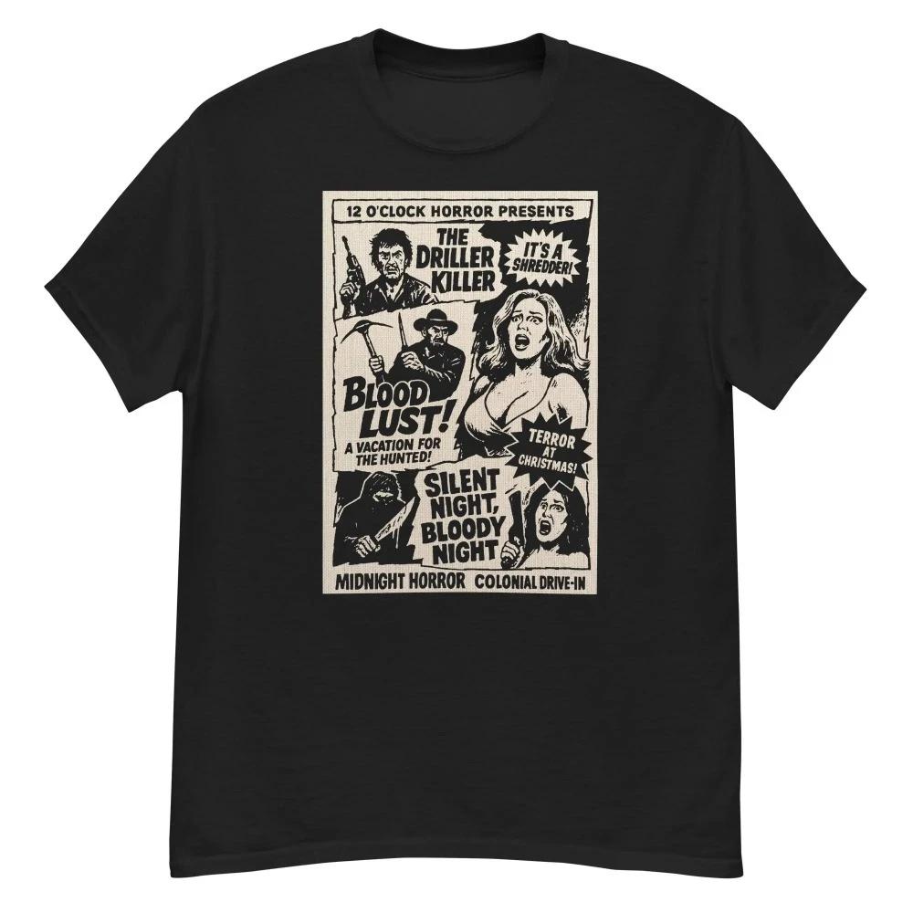 12 O’Clock Horror Vintage Poster T-Shirt Driller Killer Blood Lust Silent Night Bloody Night Drive-In Horror Movie Graphic Tee