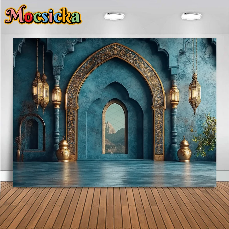 Mocsicka Retro Palace Wall Background Islamic Style Festival Decorations Eid Al-Fitr Photo Backdrops Photography Blue Wallpaper