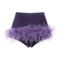 Sexy Slimming Jean Short Pants Female Chic Clubwear Shorts with Feather Solid Pants High Street