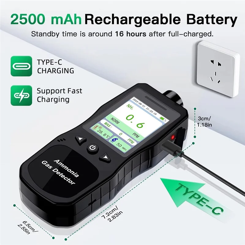 

AB11-Portable Ammonia Gas Detector,0-200 PPM Rechargeable Ammonia Gas Monitor,Digital Air Quality NH3 Gas Meter US Plug