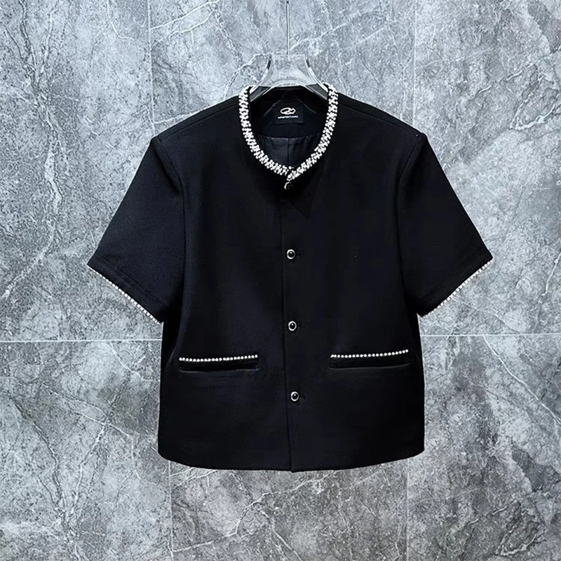 American High Street Men's T-shirt Summer Casual Fashion Beading Male Trendy Round Neck Single Breasted Short Sleeved Tees