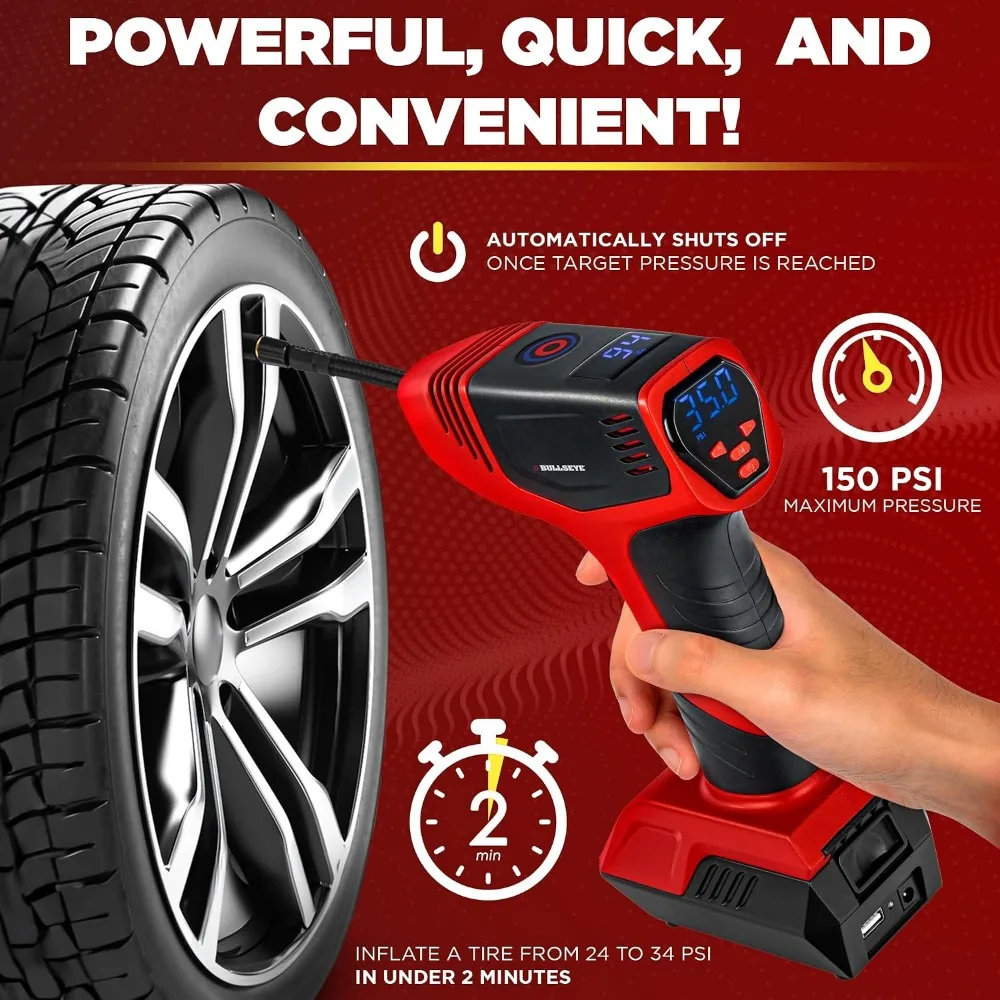 150 PSI Tire Inflator with Auto Shut Off, Digital Pressure Gauge, Rechargeable & Cord, LED Light, Portable Air Compressor