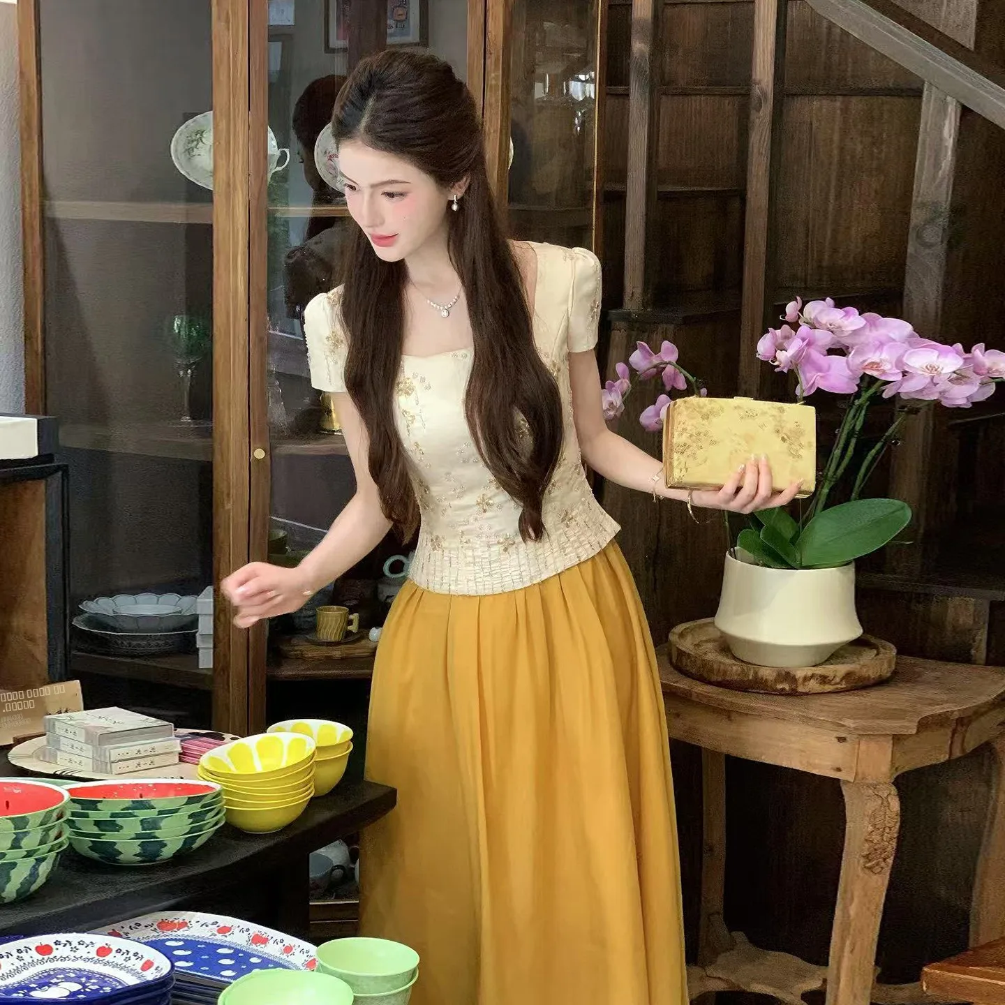 

Летняя юбка LILI Home A-Line с высокой талией, вышивкой бисером и узором «Золотой лакриц», цвета шампанского, короткая, без рукавов