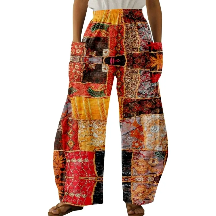 Damen Plaid Muster drucken weites Bein Hosen Vintage Farbe Blumen Sommer hose lustige klassische Taschen Hosen plus Größe Streetwear – Detail 4