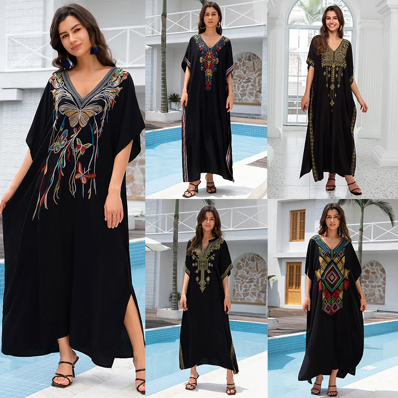 Women's Plus Size Cotton Embroidered Long Dress Beach Cover Up for Vacation Sun Protection Loose Casual Maxi Dress