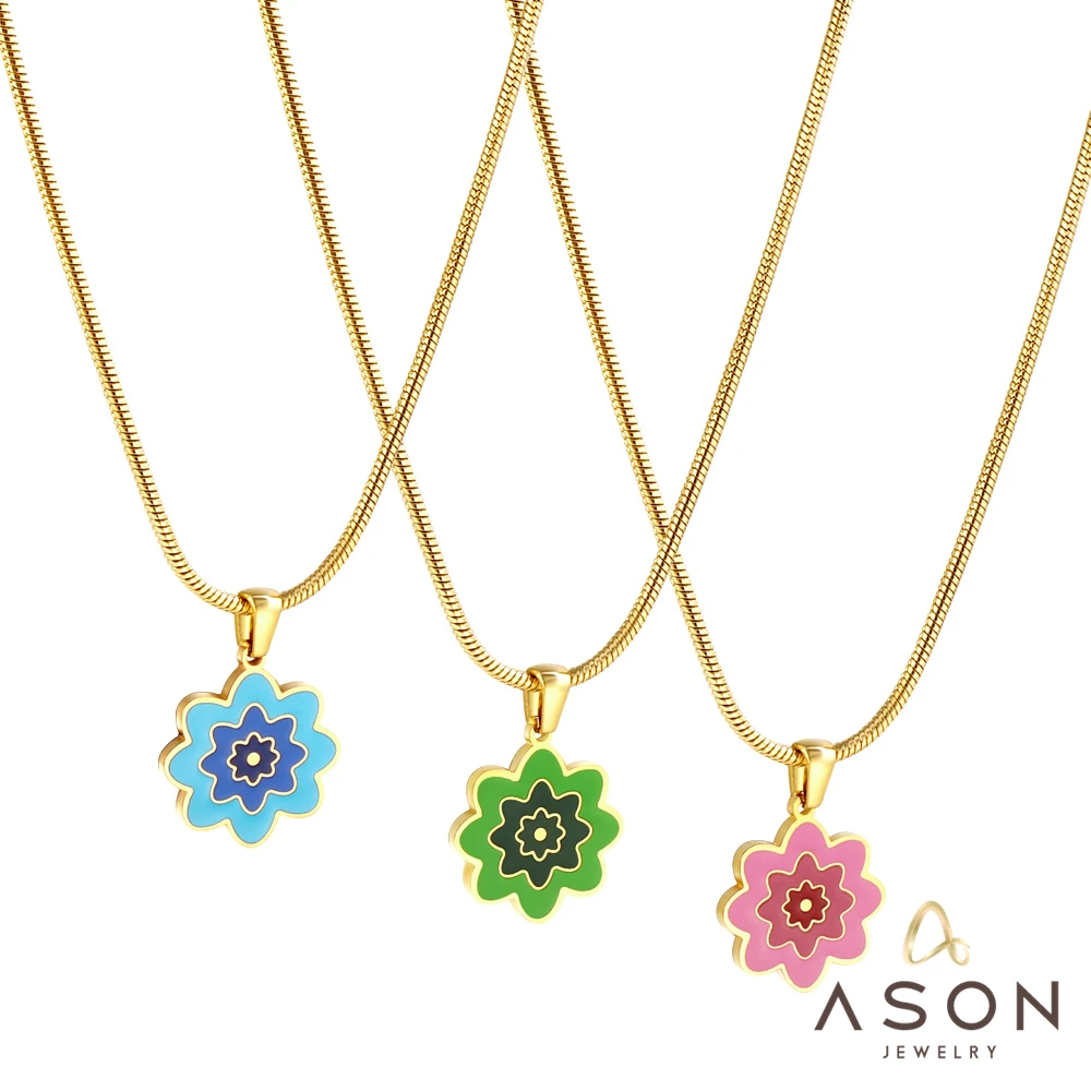 ASONSTEEL Flower Accessoires Pink Blue Green Snake Chain Pendant Necklace Gold Color Stainless Steel For Women Fashion Jewelry