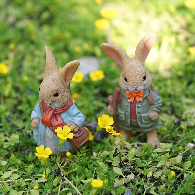 The Bunny Standing Rabbit Outdoor Garden Statue Turtle Hedgehog Statue Full Color Finish Small Animals Decorations For Garden