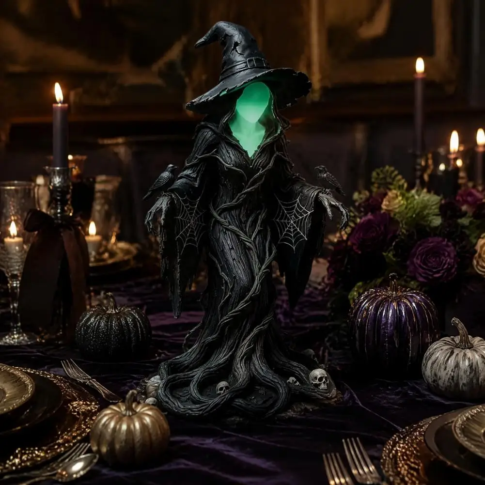 Detailed Resin Sculpture Faceless Witch Statue Glow-in-the-dark Figurine Resin Halloween Ornament Indoor Outdoor Table
