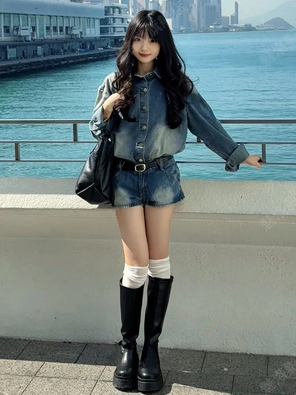 

Ретро-комплект в гонконгском стиле: синяя джинсовая куртка и шорты с высокой талией, женский комплект на весну-осень, с воротником и длинными рукавами