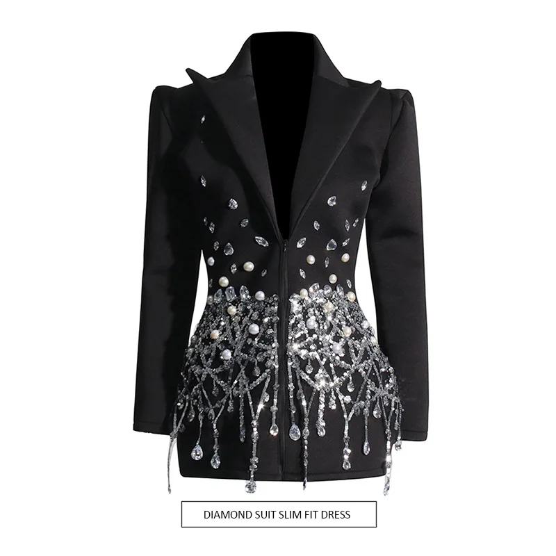 

Sexy socialite skirt 2025 new lapel long-sleeved butterfly sequins full of diamonds super short suit dress women
