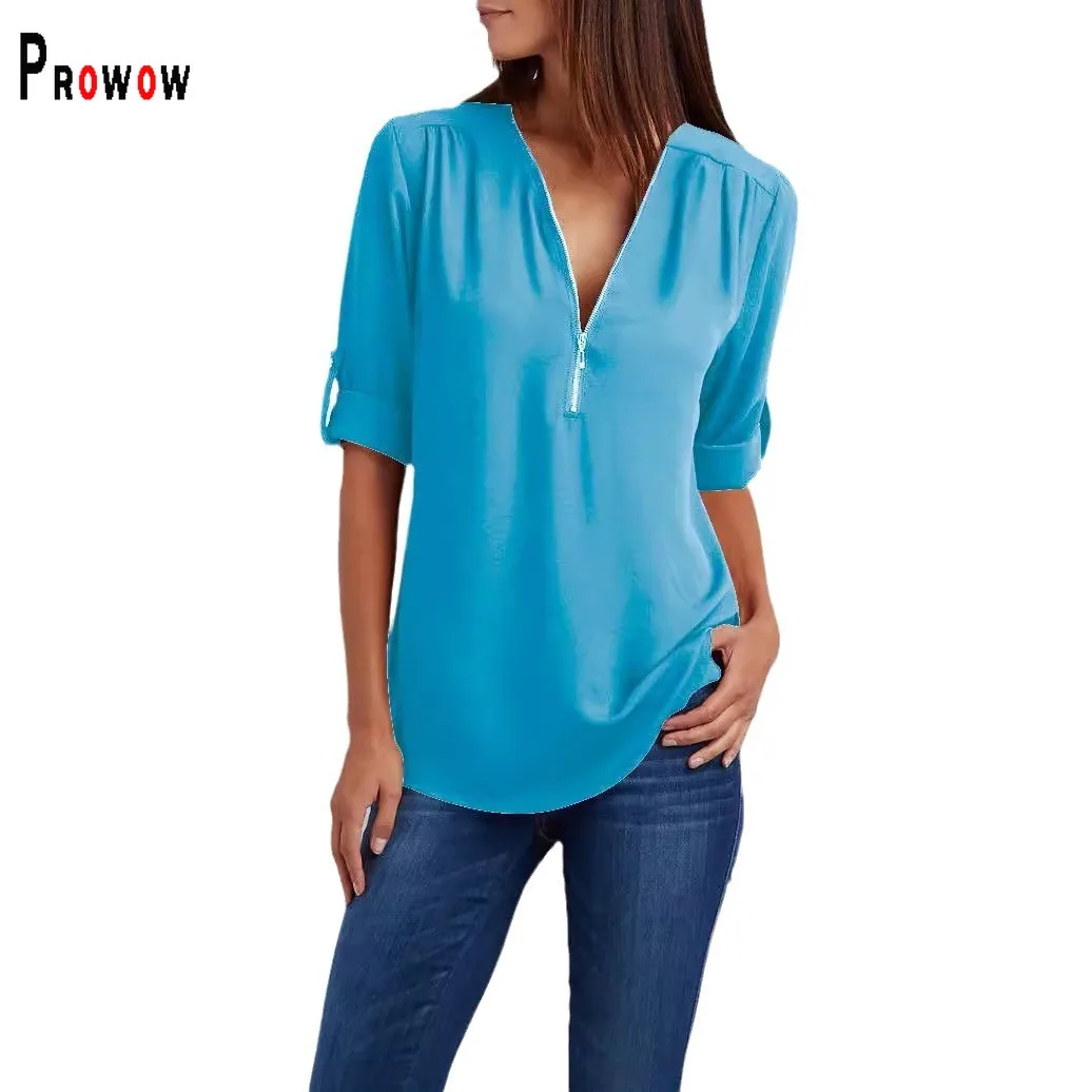 Prowow Chiffon Pink Women Tops Clothes Zipper Collar Long Sleeve Spring Summer Office Lady Blue Shirts Slim Fit Outfits White