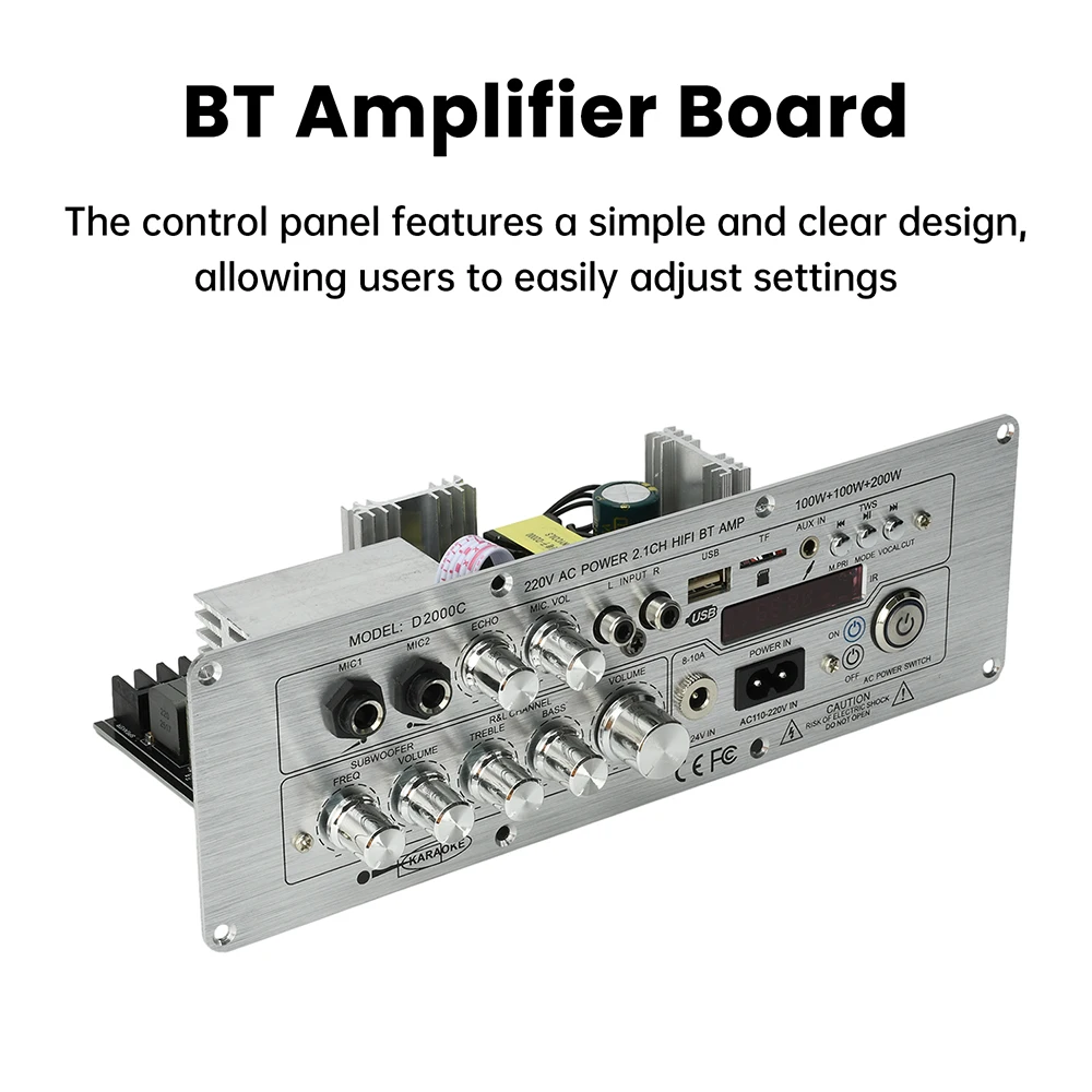 DC 24V/AC110-200V D2000 Bluetooth 5.1 Amplifier Board 2.1 Channel 100W+100W+200W High-Power Output AUX/FM/USB/TF Card Input