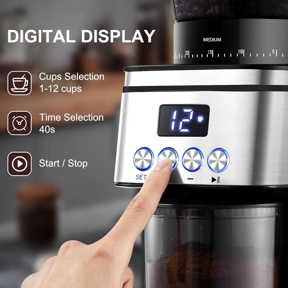 Coffee Grinder with Digital Display, 30 Precise Settings, Espresso Coffee Grinder 1-14 Cups or 1-56 Seconds, Coffee Bean Grinder