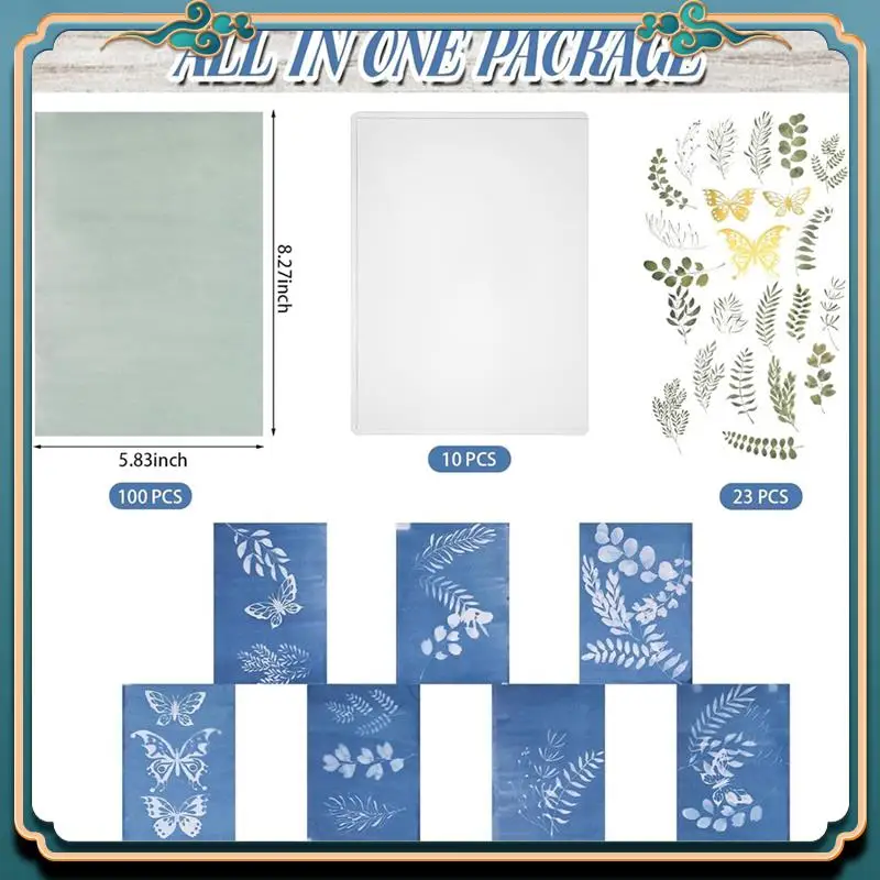 (جديد) - 100 قطعة من الورق المخضر القابل للطباعة مع 10 أوراق بلاستيكية شفافة وقالب فراشة أوراق شجر مشغولات ورقية يمكنك صنعها بنفسك Dur