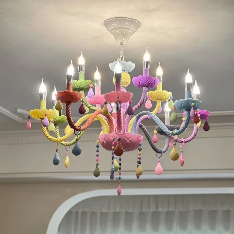Nordic Macaron European Style Candles Crystal Chandelier for Girls and Princess Children's Room Bedroom